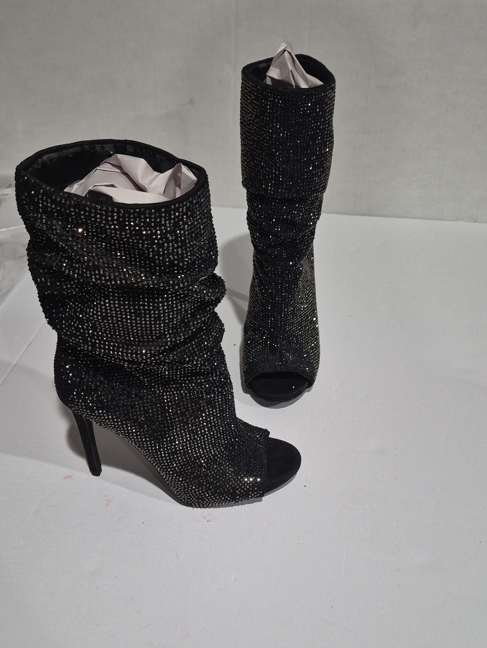 Jessica Simpson Rinnah Black Crystal-Embellished Peep-Toe Slouch Boots Size 6.5